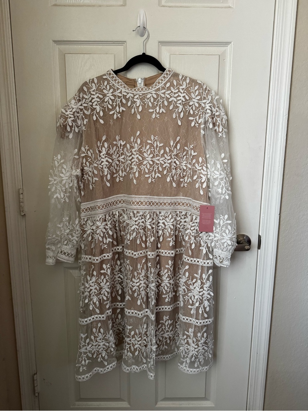 Ivy City Co Tan Dress with White Floral Lace Overlay